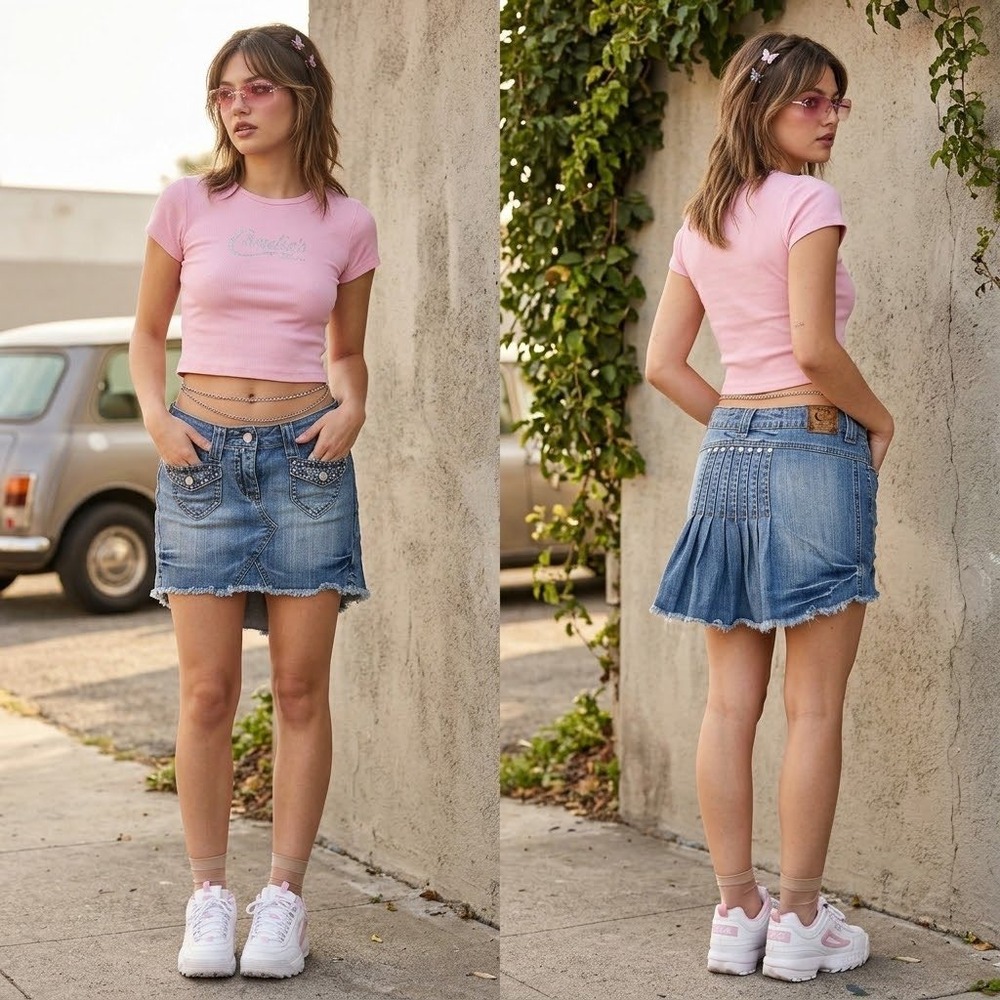 Vintage Y2K Candie's Denim Skirt Womens 9 Blue Rhinestone Raw Hem Micro Mini